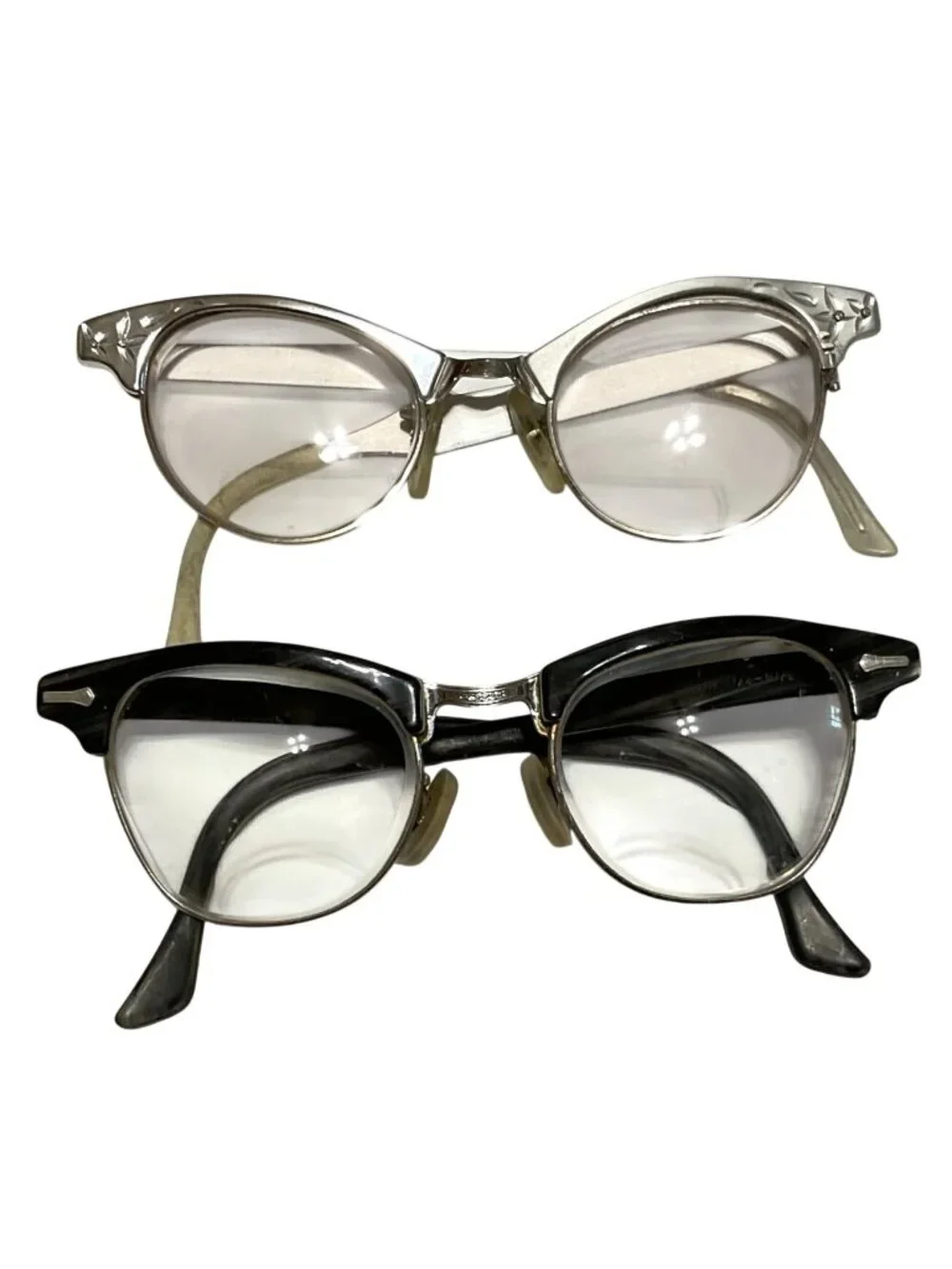 Vtg 1950s Cat Eye Horn Rimmed Eyeglasses Pair Of 2 Silver & Black Frames Women’s